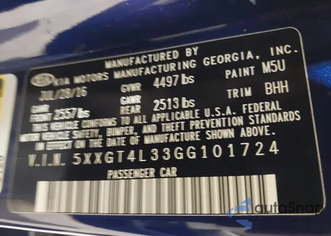 2016 Kia Optima Lx из США, поврежденный, VIN 5XXGT4L33GG101724